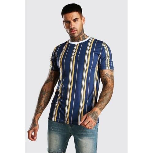 European and American mens casual round neck short-sleeved digital print pullover mens striped T-shirt
