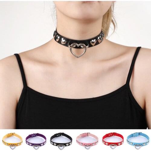 Punk PU Leather Heart Spike Rivet Studded Choker Necklace Gothic Women Jewelry Birthday Party Gift chocker Collar E33