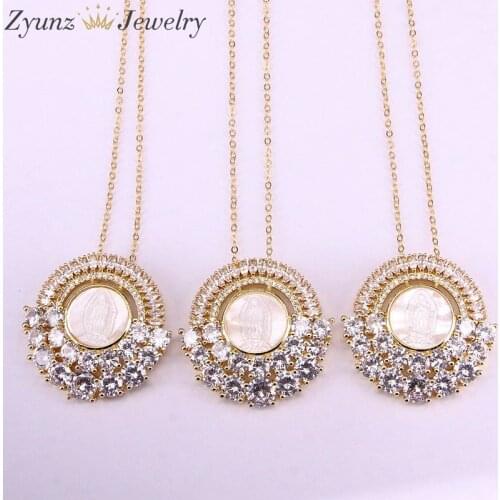 5PCS, Clear CZ Jesus Shell Statement Necklace Charm Cubic Zirconia Mother of Pearl Pendant Gold Color Micro pave necklace