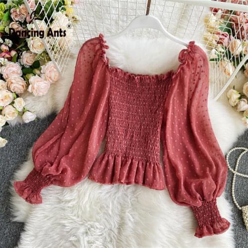 Women Solid Shirts Square Collar Long Lantern Sleeve High Waist Ruffles French Chic Slim New Autumn Female Vintage Blouse