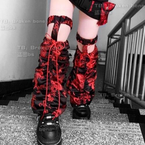Ruibbit Hot Girl Gothic Punk Red Black Dragon Pattern Japanese Leg Warmer Knee Sleeve Foot Sock