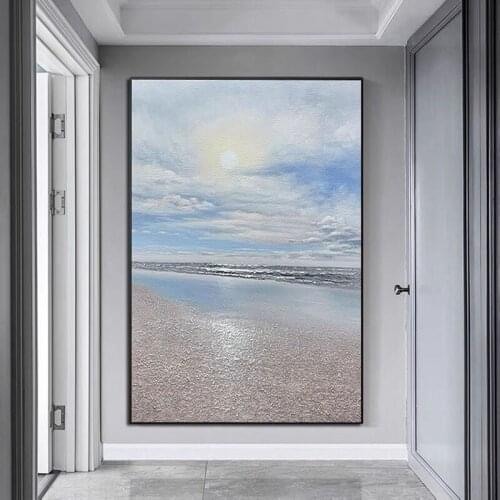 Modern Home Decor Wall Canvas Simple Hand Painted Abstract Seascape Oil Painting In Light Blue For Restaurant Unframed Picture