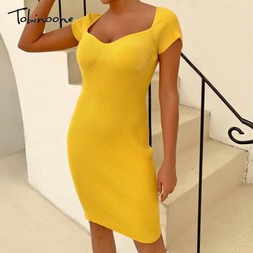 Tobinoone V Neck Short Sleeve Bodycon Dress Women Knitting Cotton Sexy Party Midi Dresses Casual Sheath High Waist Vestidos 2021