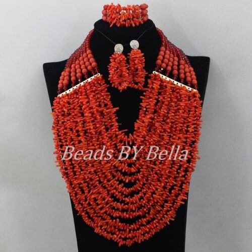 Chunky Layered African Wedding Beads Red Nigerian Coral Beads Necklace Jewelry Set Indian Bridal Jewelry Free Shipping ABF210