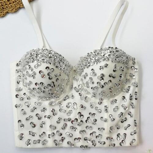 Sequins Beaded Camisole Slim Crop Top Underwired Corset Push up Gathered Bustier Bra Dancer Tube Top Halloween Costume For Women