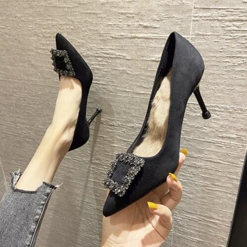 Rhinestone high-heeled shoes for women with 2021 spring and Autumn new fashion versatile shallow mouth size single shoes