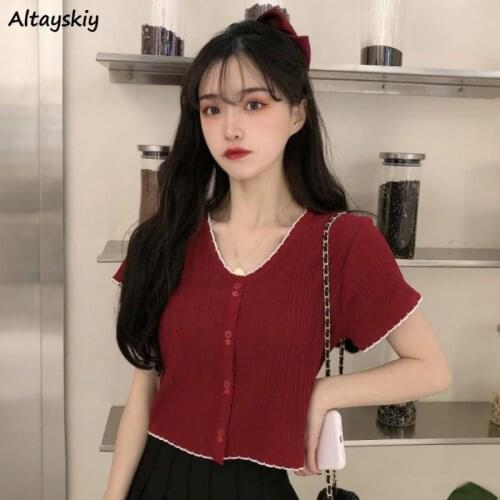 Shirts Women Summer New Arrival V-neck Slim Short Sleeve Crop Shirt All-match Knitwear Sweet Girl Soft Fashion Tops Preppy Daily