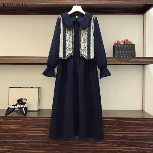 Plus Size Autumn Winter 2 Piece Set Chic Embroidery Flower Knitted Vest Mid-length Bow Tie Elegant Women Dress Office Lady Suit