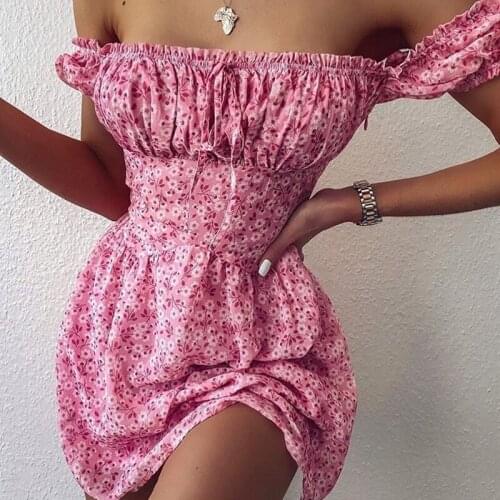 Women dress sexy summer off shoulder slash neck flower floral print A-line dress pink color bow mini dress vestito da donna