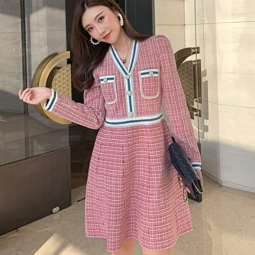 Autumn Woman Sweater Dress Winter 2021 High Waist Striped Diamond Button Up Vintage Elegant Long Sleeves Knitted Dresses Vestido
