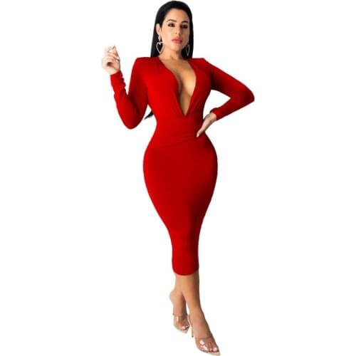 Sexy Deep V Neck Long Sleeve Pencil Dress Office Ladies Work Wear Bodycon Dress Night Club Party Dresse Women Evening Plus Size