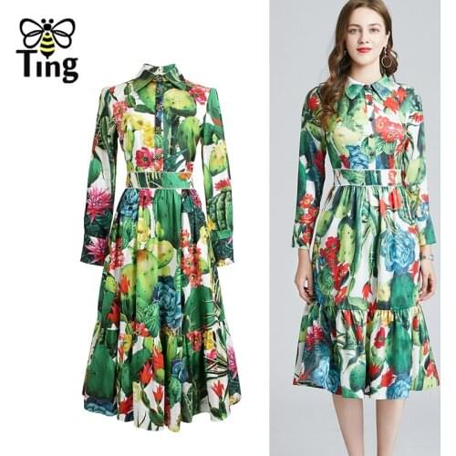 Tingfly Vintage Chic Cactus Tropical Print Crystal Button Decor Green Floral Dress Casual Women A Line Midi Long Street Vestidos
