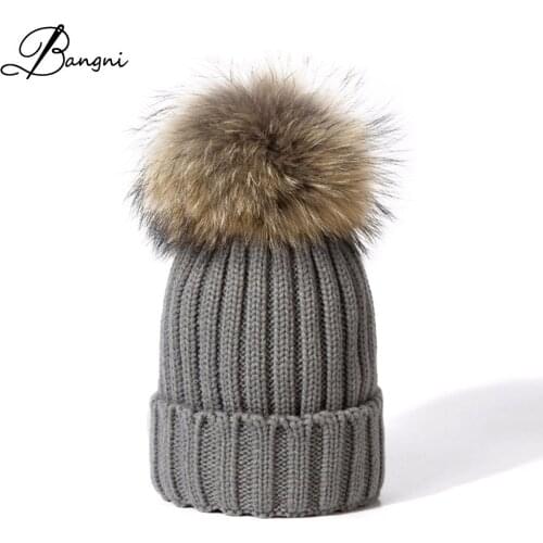 Winter Mink Raccoon Fur Pom Poms Beanies Caps Wool Warm Knitted Hat For Women Girls Skullies Cap Thicker Ladies Female Gorros