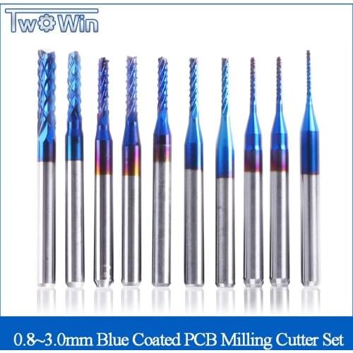 10pcs 3.175 Shank Blue Coated Carbide End Milling Cutter CNC Router Bits Engraving Edge Cutter Endmill 0.8-3.0mm