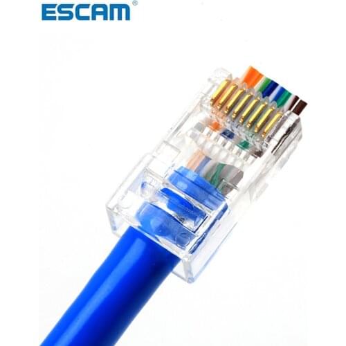 ESCAM 20/50/100pcs RJ45 Connector 6U Gold PlatedPass Through Ethernet Cables Module Plug Network RJ-45 Crystal Heads Cat5 Cat5e