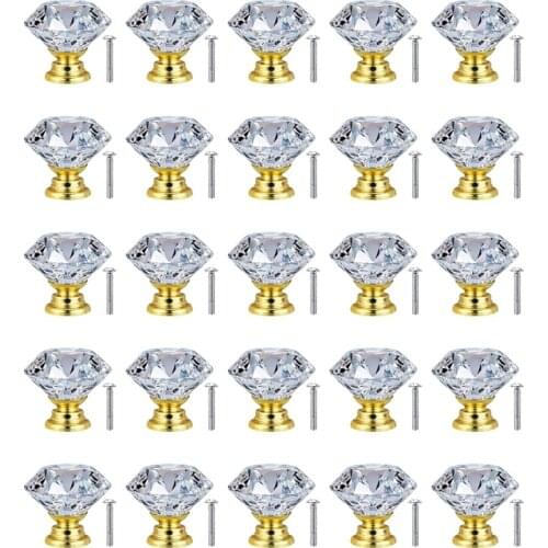 Hot 25 Pack 30 mm Crystal Glass Door Cabinet Knobs Cupboard Drawer Pull Handle ( Gold Base),for Kitchen Office Chest Cabinet