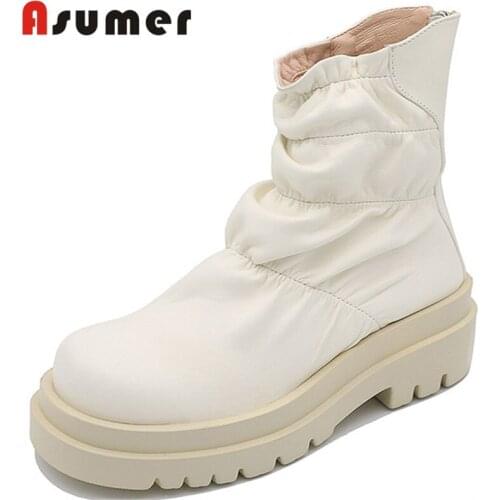 Asumer 2020 hot sale vintage fashion genuine leather shoes women ankle boots round toe zip autumn winter casual shoes ladies
