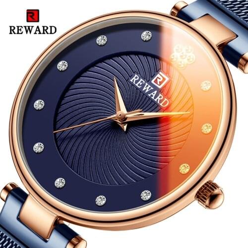 REWARD Fashion New Women Watches Iridescent Crystal Glass Mesh Strap Quartz Japanese Movement Waterproof Wristwatch Girl Clock