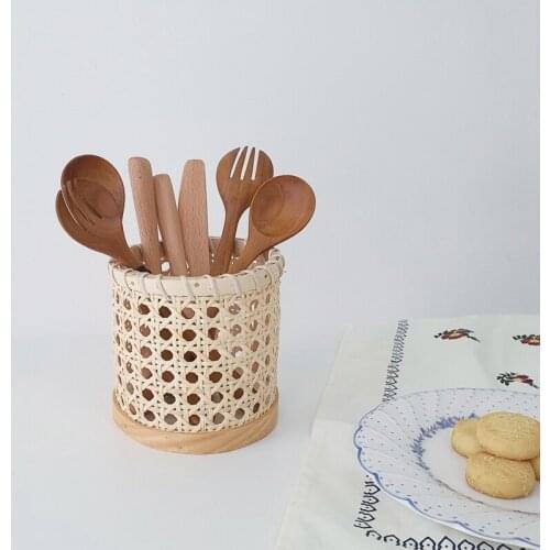 Rattan Chopsticks Storage Handmade Spoon Organizer Holder Pen Pencils Organization Vase Support Home Kitchen Table Decor