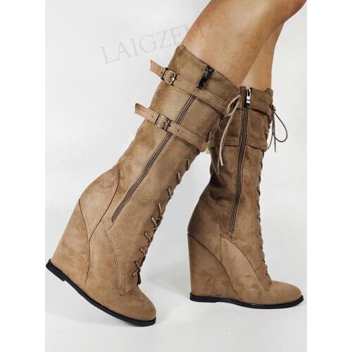 DOBANER Vintage Women Calf Boots Side Zip Round Toe Wedges Heels Boots Botas Faux Suede Shoes Woman Plus Size 43 44 47 50 52