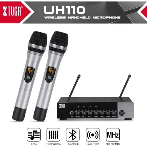 XTUGA UHF Dual Channel Wireless Handheld Microphone,Easy-to-Use Karaoke Bluetooth Microphone with Treble/Bass/Echo Effect