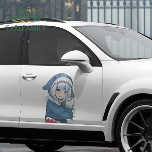 EARLFAMILY 43cm x 28.8cm For Gawr Gura Shark Car Stickers Graffiti Decal Anime Funny Waterproof Vinyl Personality Sticker Decor