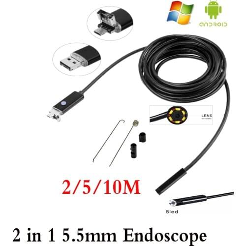 5.5mm Lens 2 IN1 USB Android Endoscope Camera 2m 5M 10M Snake Tube Pipe Inspection for Underwater Viewing Car Repair Endoscopio