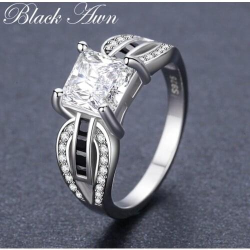 Hyperole 3.9g 925 Sterling Silver Fine Jewelry Geomentric Bague Black Spinel Engagement Rings for Women Bijoux C489