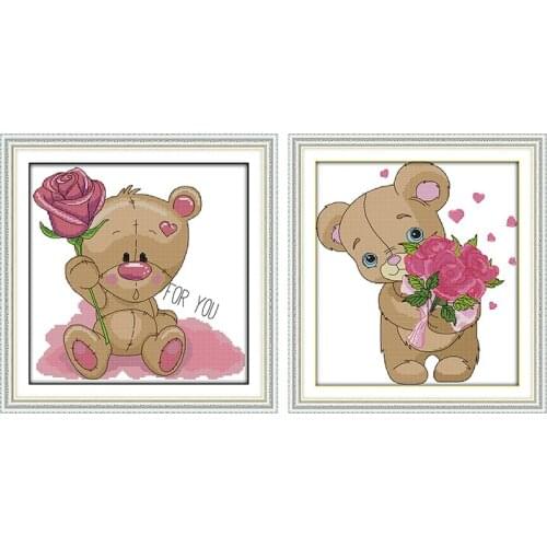The Little Bear Sending Flower Chinese Counted Cross Stitch Kit Patterns Printed On Canvas Embroidery Needlework Sets DMC 14CT