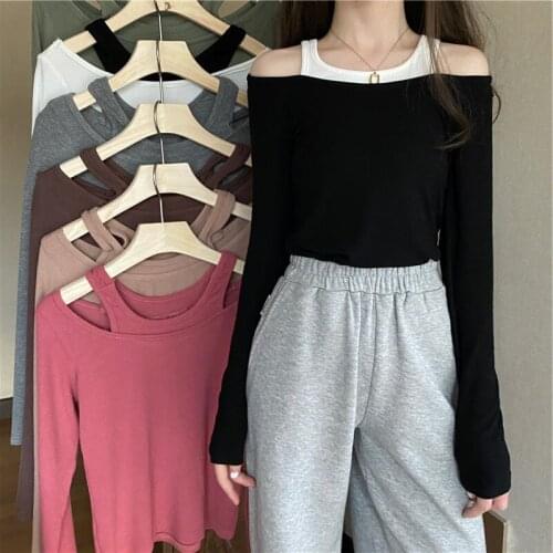 Autumn new multicolor pure cotton fake two long sleeve T-shirt womens bottoming shirt womens autumn design