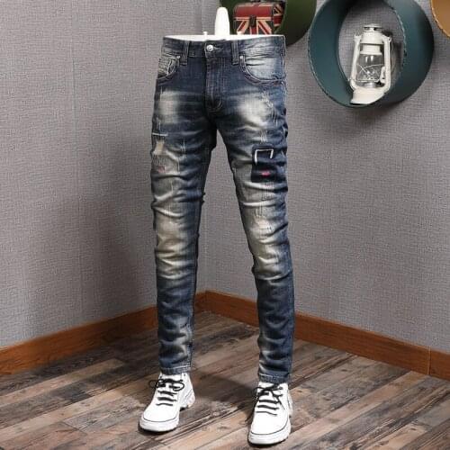 Newly Vintage Designer 2021 Men Jeans Elastic Slim Fit Embroidery Patchwork Ripped Denim Trousers Streetwear Hip Hop Pants