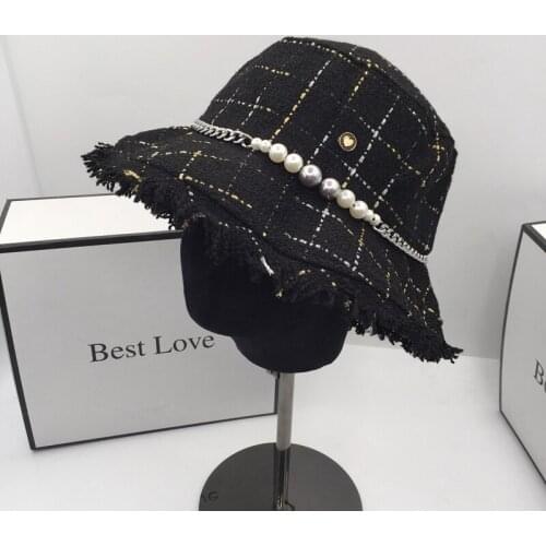 Bucket hats sweet wind tweed fishermant pearl chain little head circumference small basin gift hat edition joker tide female fa