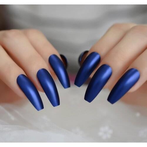Professional Dark Royal Blue Coffin Nails Extra Long Matte Press on Ballerina False Nails Frosted Sharp Fake Fingers Party nails