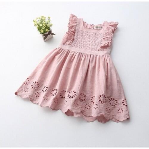 Retail 2018 Summer New Girl Dress Fare Sleeve Hollow Out Pink Cotton Sundress Children Clothing 2-6Y LT002