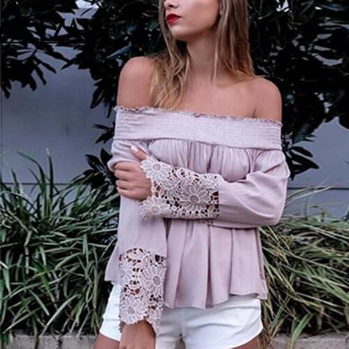 Sexy Off Shoulder Top Chiffon Blouse Women Long Sleeve Lace Patchwork Women Chiffon Shirts Loose Casual Blouse Tops Violet