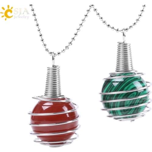 CSJA Funny Hollow Spiral Lantern Cage Necklace Pendant Reiki Chakra Natural Round Gem Stone Bead for Women Men Jewelry Gift F056