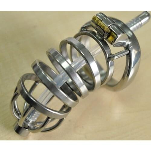 Lockable Stainless Steel Male Chastity Device with Urethral Catheter,Long Cock Cage,Penis Sleeve Rings ,BDSM Sex Toys for Man