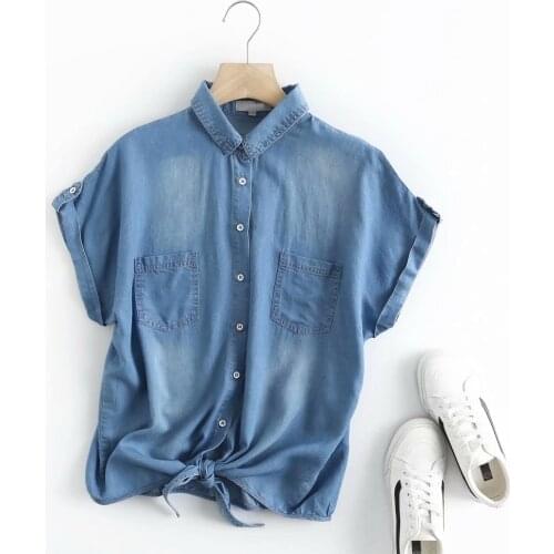 Short sleeve denim shirt women turn down collar summer denim shirt blouse lace up bow casual shirt top