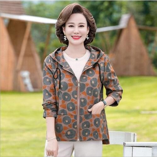 Women jacket Spring Autumn 2021 New Short Coat Plus Size Loose Middle-Aged Mother Print Hooded Casual Thin Jackets Tops