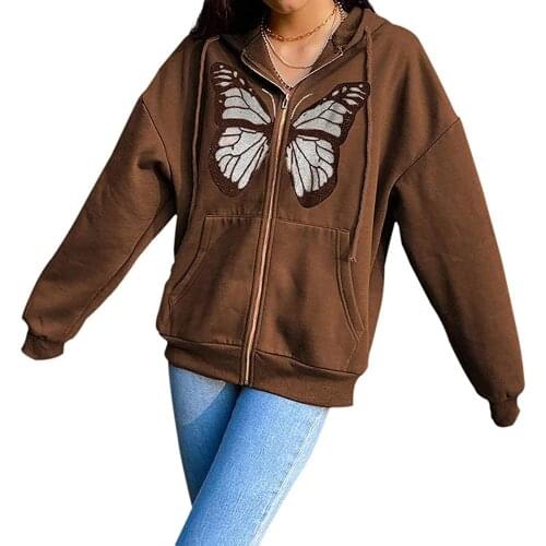 Zip-up Women Rhinestone Butterfly Pattern Sweatshirt long sleeve Y2K Clothes Autumn hip-hop Brown E-girl Vintage hooded Punk Top