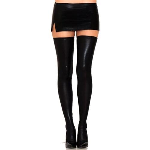 15 Colors Sexy Women Faux Leather Micro Mini Split Skirt Shiny Metallic Club Pole Dancing Skirt With Thigh High Stockings Set