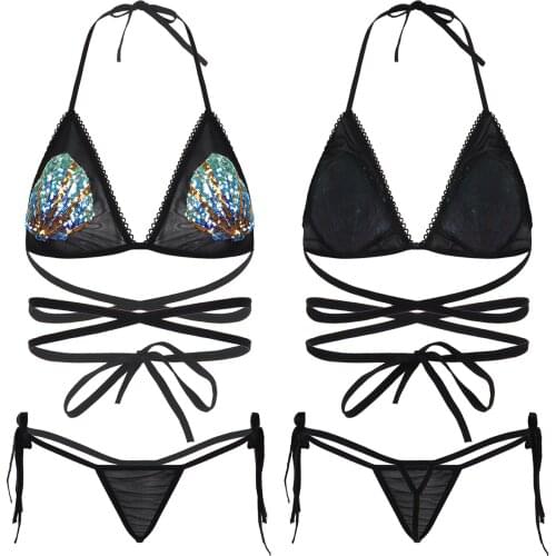 Womens Erotic Mermaid Sheer Mesh Bra Panties Lingerie Set Halter Neck Shiny Sequins Shells Self Tie Bra Top with G-string Briefs