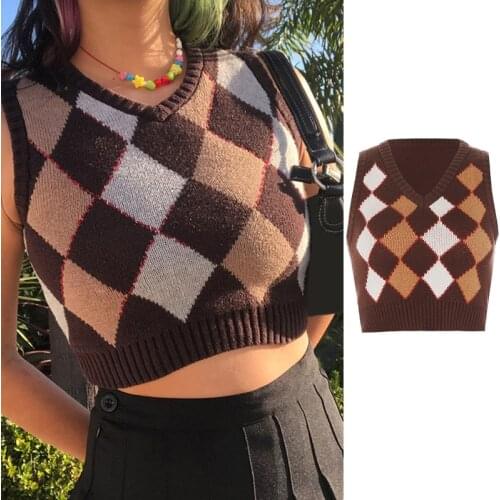 Women Brown Argyle Knitted Vest Vintage V-Neck Sleeveless Slim Cropped Sweater D08E