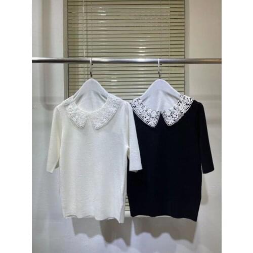 2021 New Summer Autumn Luxury Runway Design Knitted Pullover Women Short Sleeve T-shirts Sweet White / Black Sweater Tops