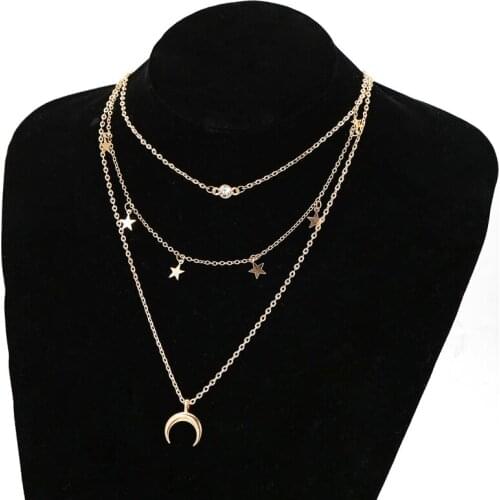 Gold Color Multilayer Clavicle Chain Necklace for Women Star Moon Crescent Pendant Necklace Goth Collar Neck Jewelry Gift