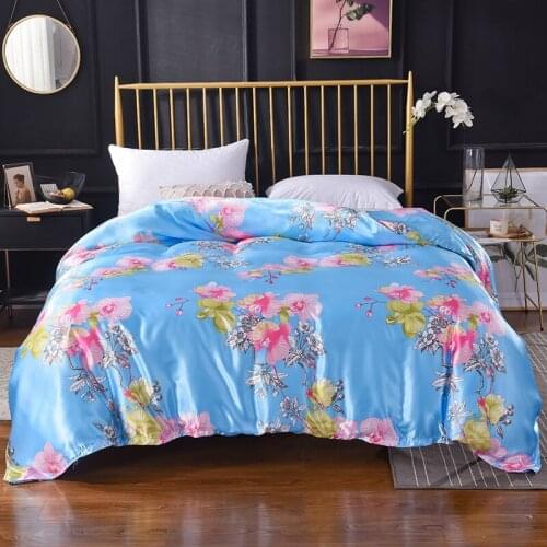Blue Flowers Satin Silk Duvet Cover 1pc Luxury Quilt Cover with Zipper Women Men Comforter Blanket Case Twin Queen King Size