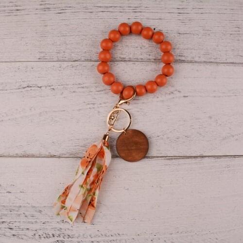 Rainbery Tassel Keychain Wood Beads Monogram Disc Wrist Strap Bracelet Keychain For Keys Leopard Keyring For Women Accessories