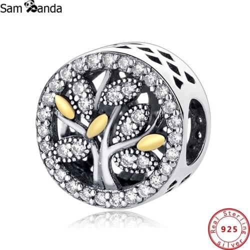 Authentic 100% 925 Sterling Silver Charm Bead Fmaily Heritage Charms CZ Tree of Life Gold Color Fit Bracelets Women DIY Jewelry