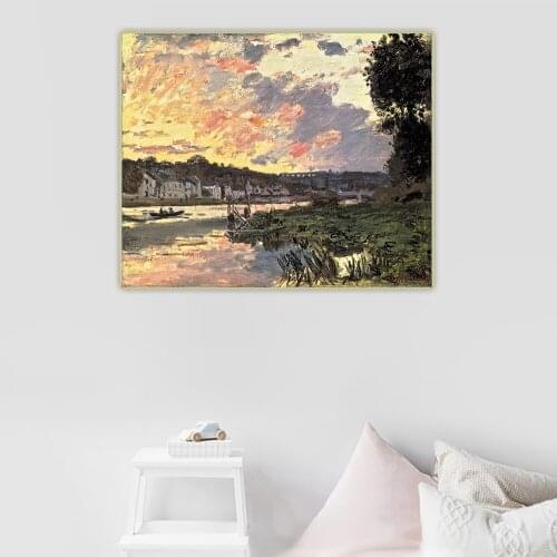 Citon Claude monet《The Seine at Bougival in the Evening,1870》Canvas Oil Painting Art Picture Background Decor Home Decoration