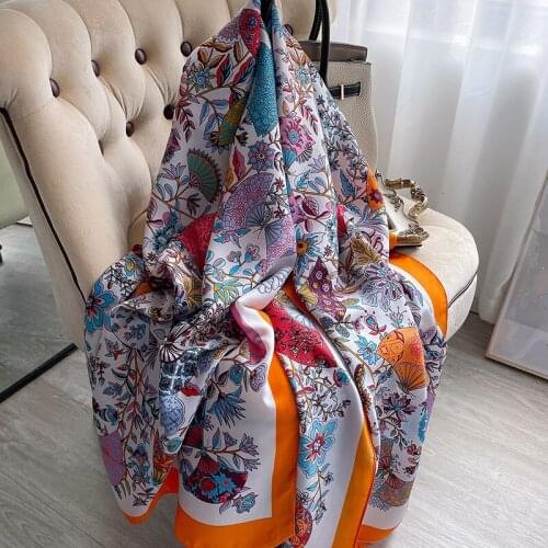 Elegant Floral Women Silk Scarf Shawl Wraps Hijab Headscarf Foulard Female Pashmina Bufanda Beach Stoles Echarpe